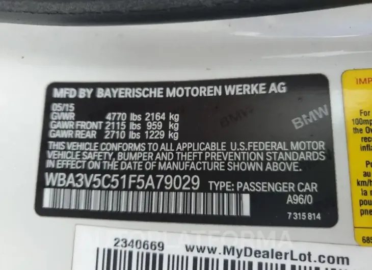 BMW 428 I 2015 vin WBA3V5C51F5A79029 from auto auction Copart