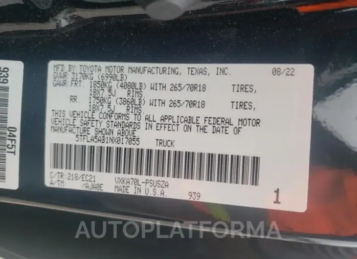 TOYOTA TUNDRA CRE 2022 vin 5TFLA5AB1NX017055 from auto auction Copart