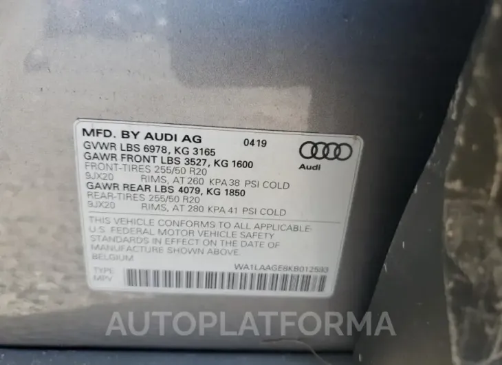 AUDI E-TRON PRE 2019 vin WA1LAAGE8KB012593 from auto auction Copart