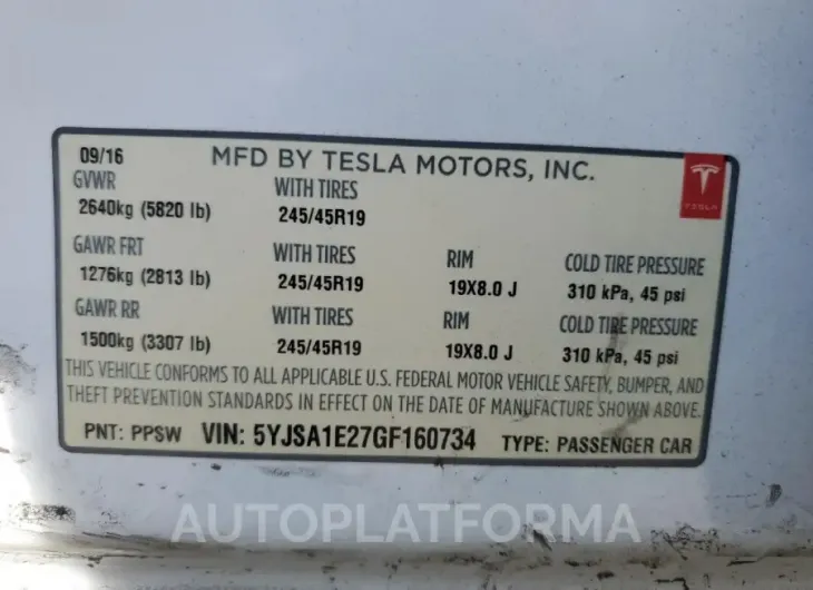 TESLA MODEL S 2016 vin 5YJSA1E27GF160734 from auto auction Copart