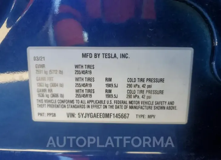 TESLA MODEL Y 2021 vin 5YJYGAEE0MF145667 from auto auction Copart