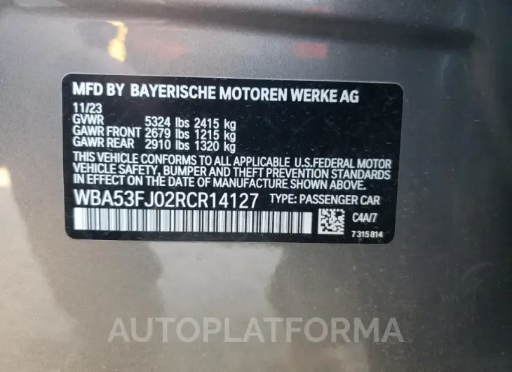 BMW 530 XI 2024 vin WBA53FJ02RCR14127 from auto auction Copart