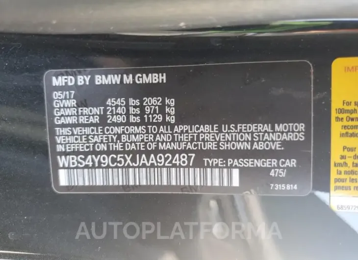 BMW M4 2018 vin WBS4Y9C5XJAA92487 from auto auction Copart