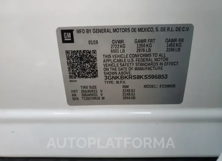 CHEVROLET BLAZER PRE 2019 vin 3GNKBKRS8KS596853 from auto auction Copart