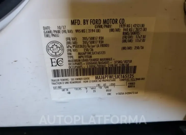 FORD ECOSPORT T 2018 vin MAJ6P1WL5JC165125 from auto auction Copart