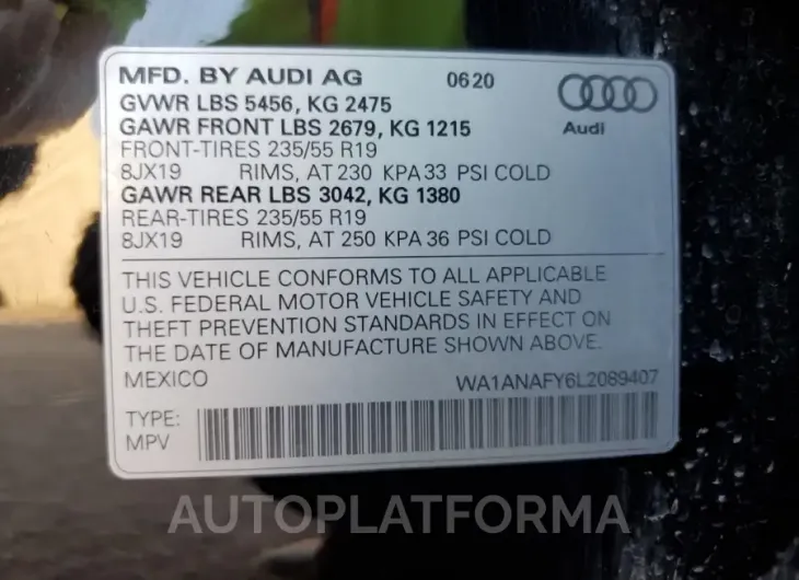 AUDI Q5 PREMIUM 2020 vin WA1ANAFY6L2089407 from auto auction Copart