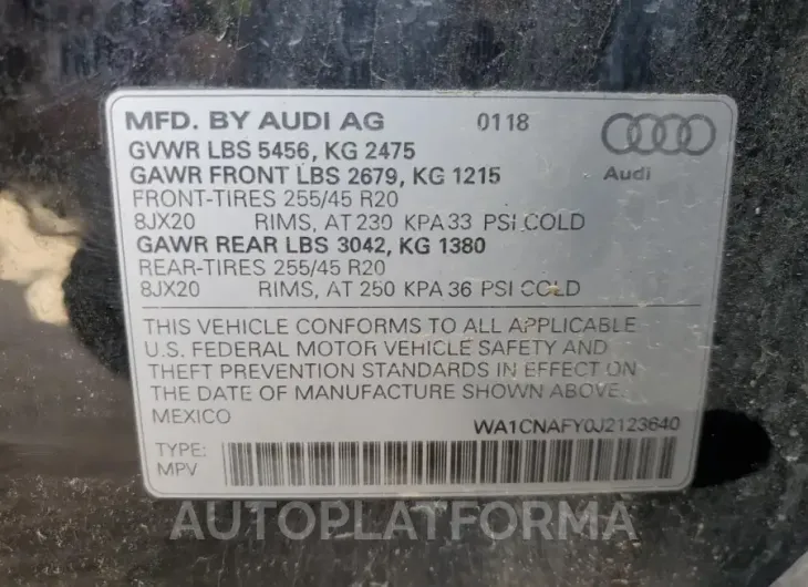 AUDI Q5 PRESTIG 2018 vin WA1CNAFY0J2123640 from auto auction Copart