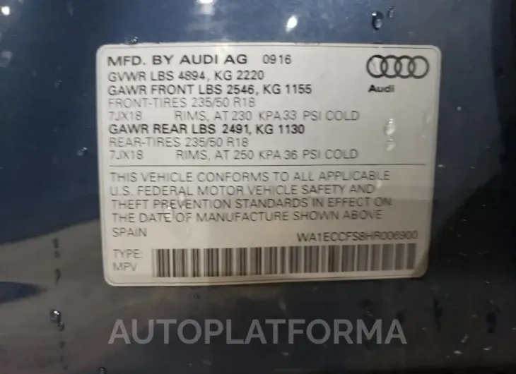 AUDI Q3 PREMIUM 2017 vin WA1ECCFS8HR006900 from auto auction Copart