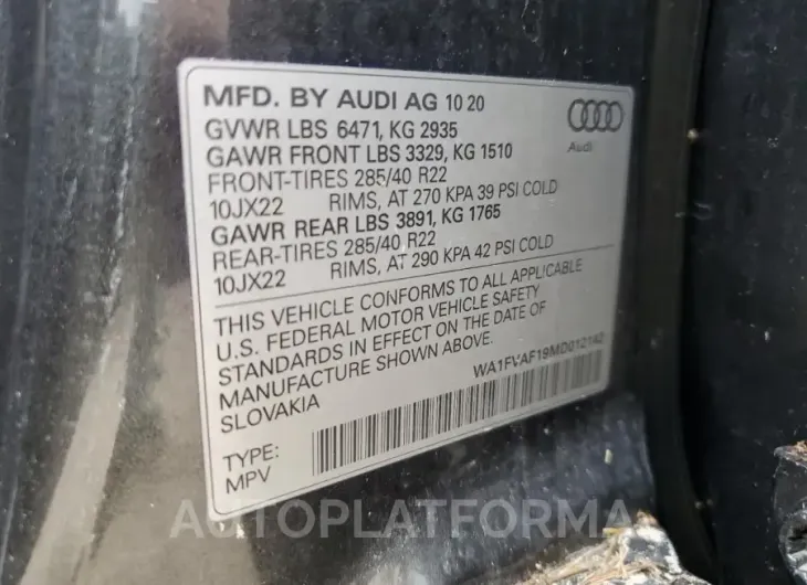 AUDI Q8 PRESTIG 2021 vin WA1FVAF19MD012142 from auto auction Copart