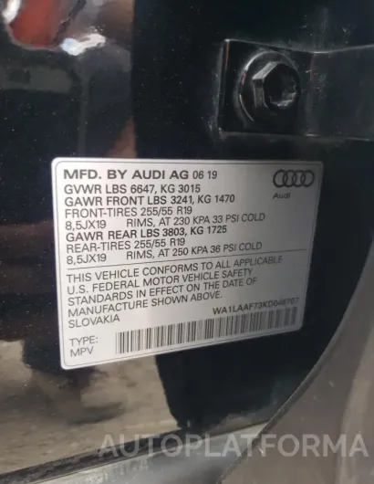 AUDI Q7 PREMIUM 2019 vin WA1LAAF73KD046707 from auto auction Copart