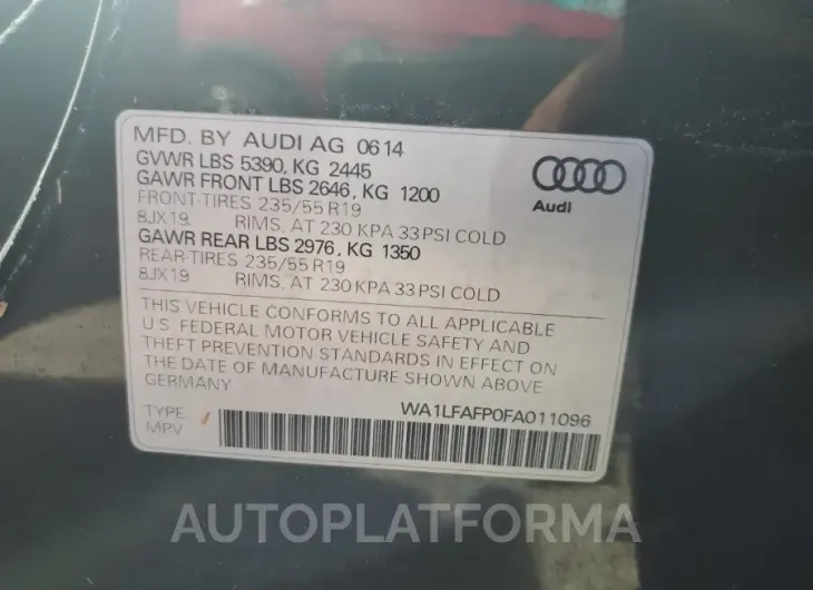 AUDI Q5 PREMIUM 2015 vin WA1LFAFP0FA011096 from auto auction Copart