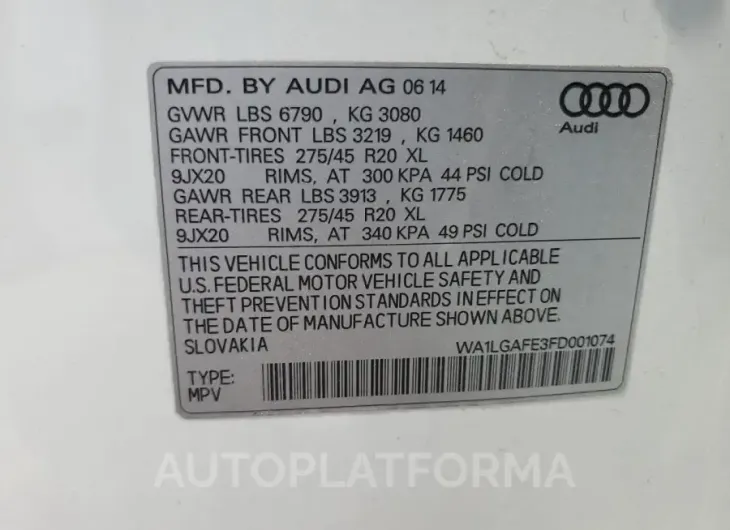 AUDI Q7 PREMIUM 2015 vin WA1LGAFE3FD001074 from auto auction Copart