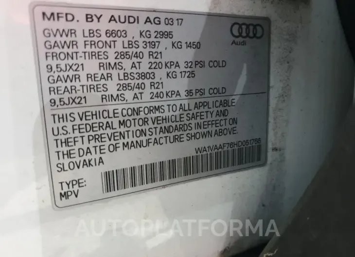 AUDI Q7 PRESTIG 2017 vin WA1VAAF76HD051756 from auto auction Copart