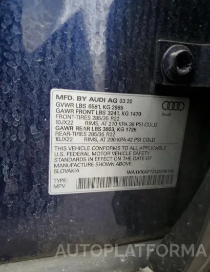 AUDI Q7 PRESTIG 2020 vin WA1VXAF72LD008104 from auto auction Copart