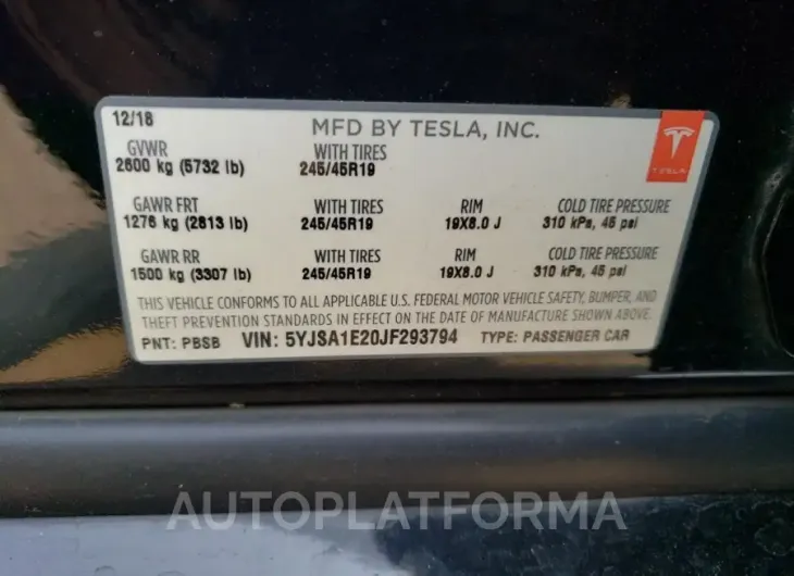 TESLA MODEL S 2018 vin 5YJSA1E20JF293794 from auto auction Copart