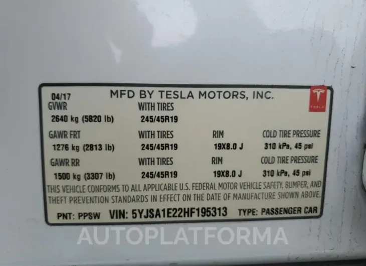 TESLA MODEL S 2017 vin 5YJSA1E22HF195313 from auto auction Copart