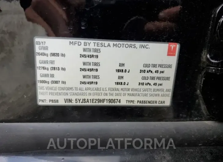 TESLA MODEL S 2017 vin 5YJSA1E29HF190674 from auto auction Copart