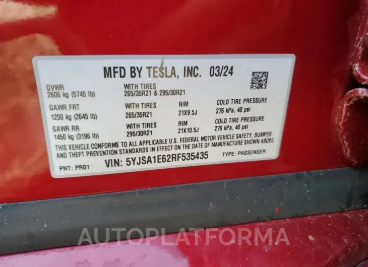 TESLA MODEL S 2024 vin 5YJSA1E62RF535435 from auto auction Copart