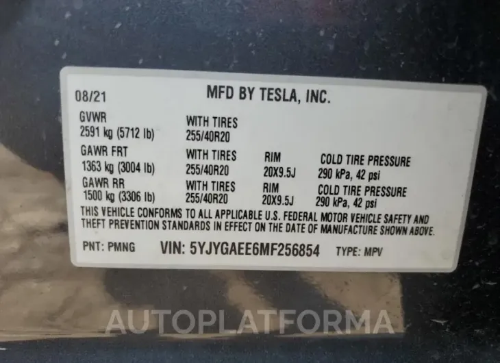 TESLA MODEL Y 2021 vin 5YJYGAEE6MF256854 from auto auction Copart