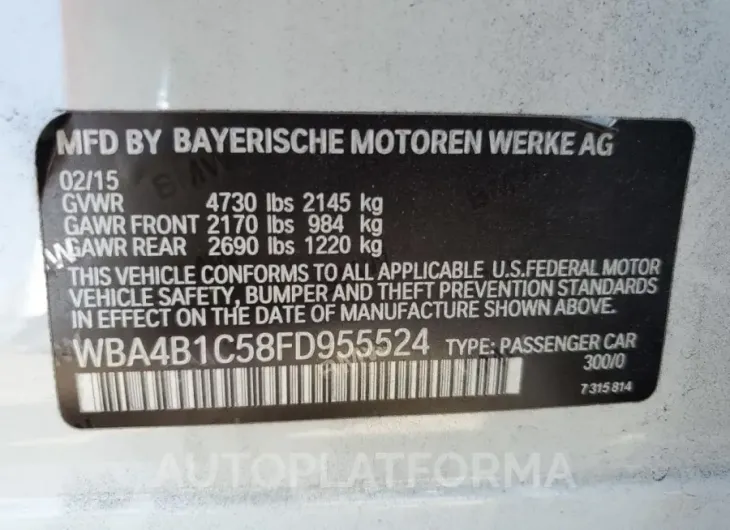 BMW 435 I GRAN 2015 vin WBA4B1C58FD955524 from auto auction Copart