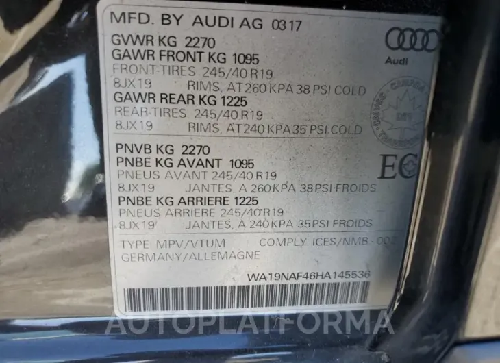 AUDI A4 ALLROAD 2017 vin WA19NAF46HA145536 from auto auction Copart