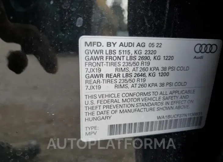 AUDI Q3 PREMIUM 2022 vin WA1BUCF37N1136931 from auto auction Copart