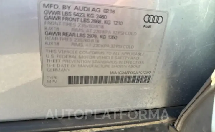 AUDI Q5 PREMIUM 2016 vin WA1C2AFP0GA107887 from auto auction Copart