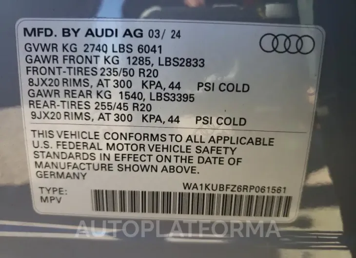 AUDI Q4 E-TRON 2024 vin WA1KUBFZ6RP061561 from auto auction Copart