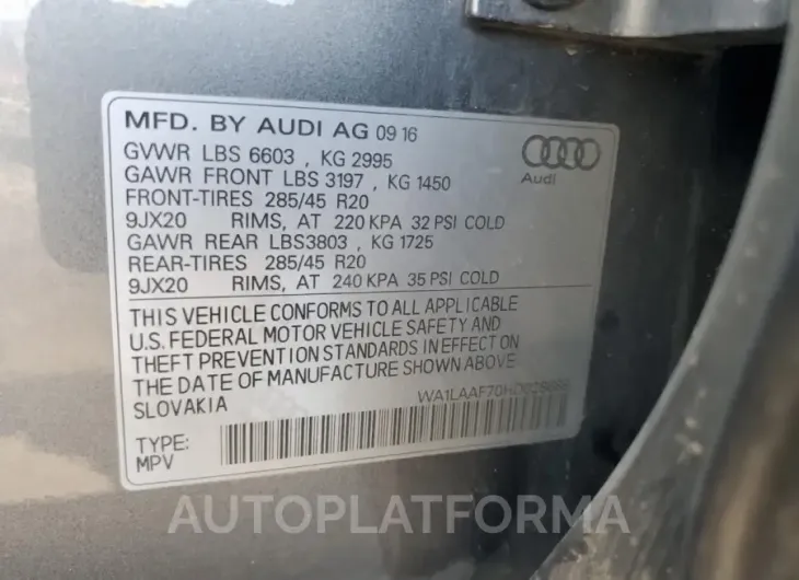 AUDI Q7 PREMIUM 2017 vin WA1LAAF70HD028688 from auto auction Copart