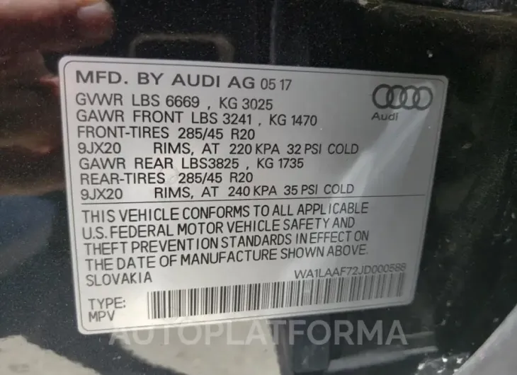 AUDI Q7 PREMIUM 2018 vin WA1LAAF72JD000588 from auto auction Copart