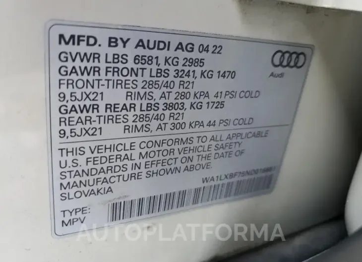 AUDI Q7 PREMIUM 2022 vin WA1LXBF75ND016651 from auto auction Copart