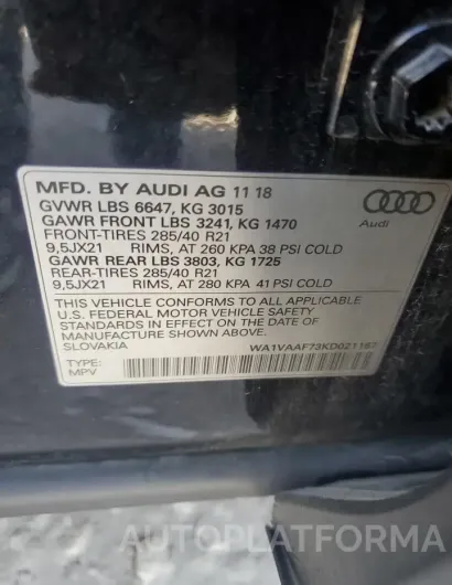 AUDI Q7 PRESTIG 2019 vin WA1VAAF73KD021167 from auto auction Copart