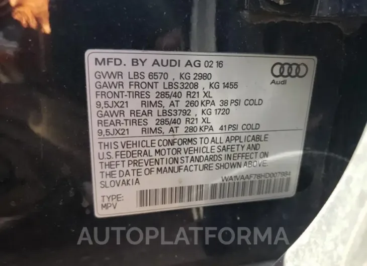 AUDI Q7 PRESTIG 2017 vin WA1VAAF78HD007984 from auto auction Copart