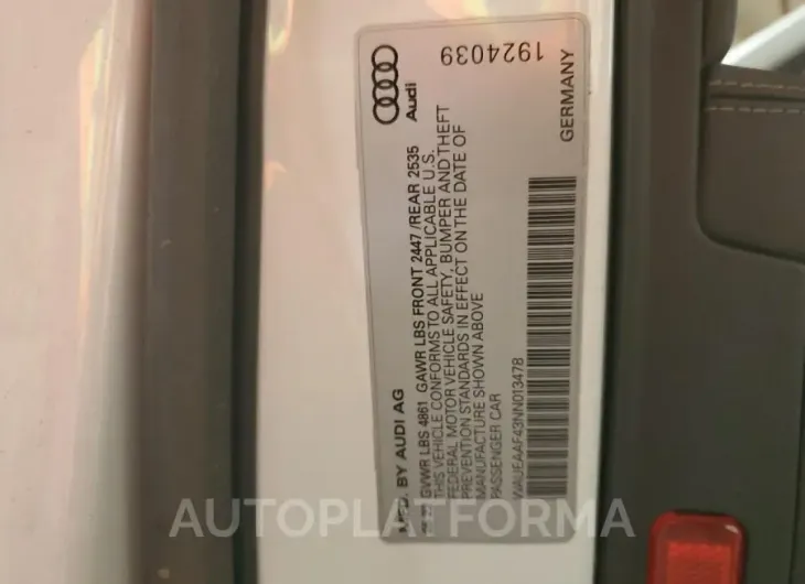 AUDI A4 PREMIUM 2022 vin WAUEAAF43NN013478 from auto auction Copart