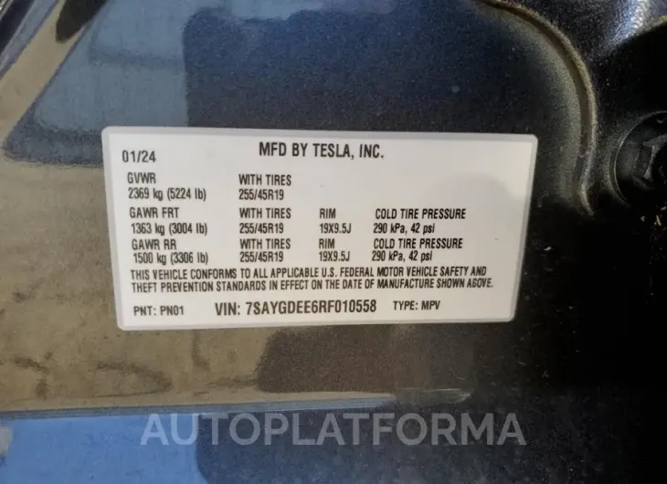 TESLA MODEL Y 2024 vin 7SAYGDEE6RF010558 from auto auction Copart