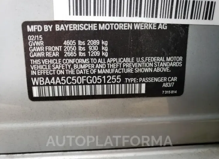 BMW 428 I GRAN 2015 vin WBA4A5C50FG051255 from auto auction Copart