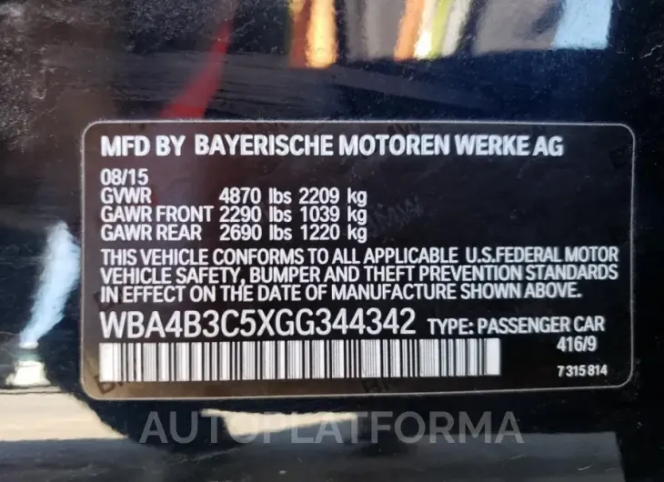 BMW 435 XI GRA 2016 vin WBA4B3C5XGG344342 from auto auction Copart