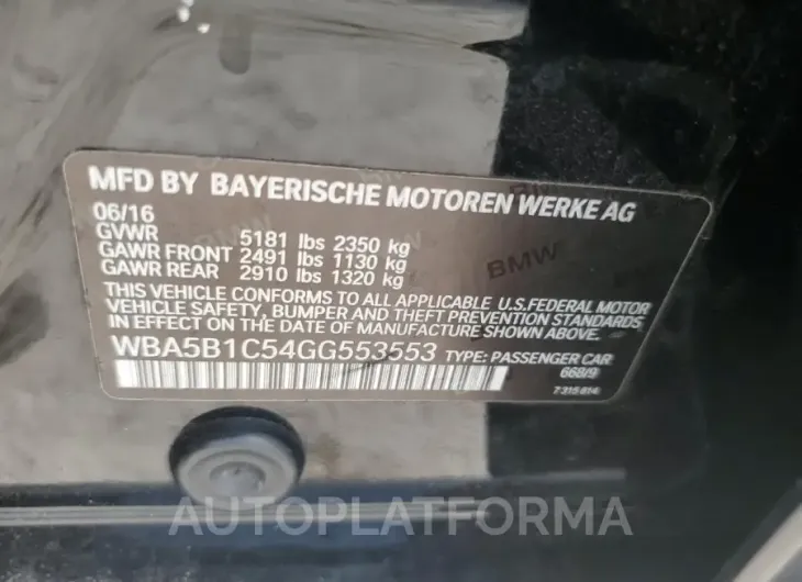 BMW 535 I 2016 vin WBA5B1C54GG553553 from auto auction Copart