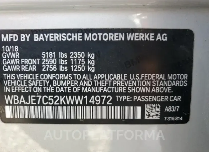 BMW 540 XI 2019 vin WBAJE7C52KWW14972 from auto auction Copart