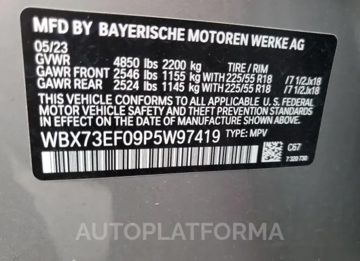 BMW X1 XDRIVE2 2023 vin WBX73EF09P5W97419 from auto auction Copart