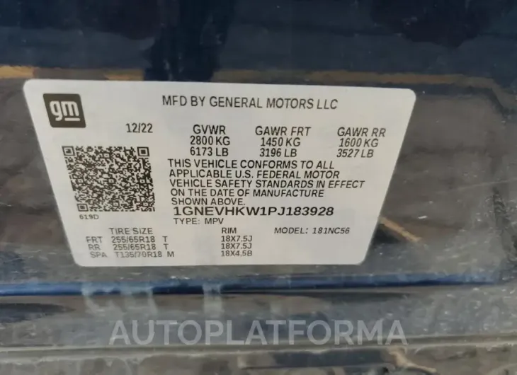 CHEVROLET TRAVERSE L 2023 vin 1GNEVHKW1PJ183928 from auto auction Copart