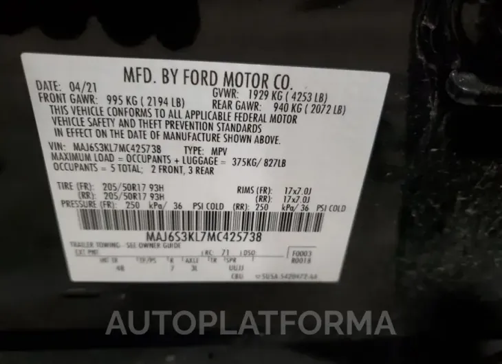 FORD ECOSPORT T 2021 vin MAJ6S3KL7MC425738 from auto auction Copart