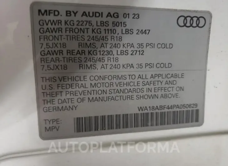 AUDI A4 ALLROAD 2023 vin WA18ABF44PA050629 from auto auction Copart