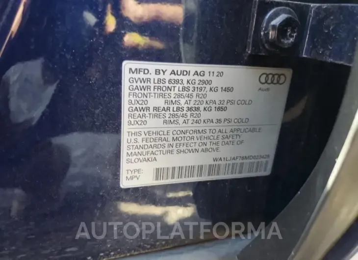 AUDI Q7 PREMIUM 2021 vin WA1LJAF76MD023425 from auto auction Copart