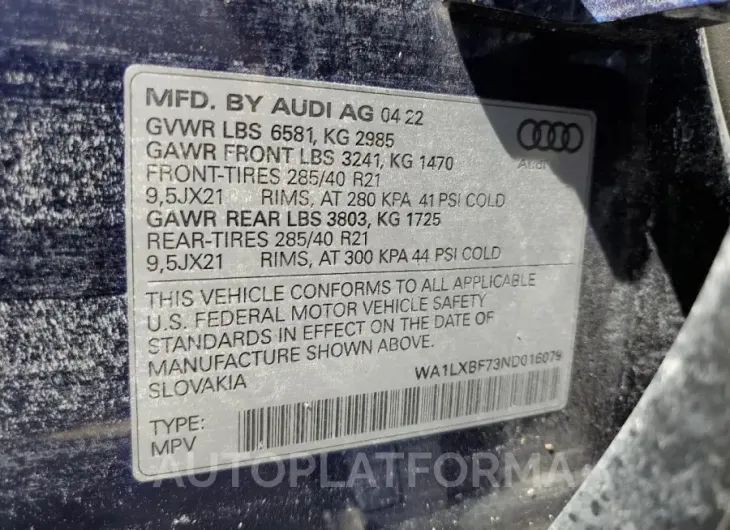 AUDI Q7 PREMIUM 2022 vin WA1LXBF73ND016079 from auto auction Copart