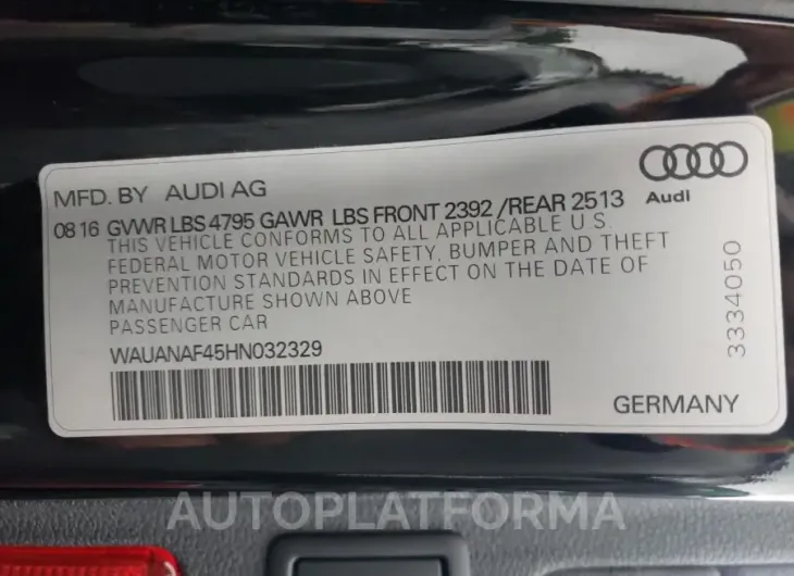 AUDI A4 PREMIUM 2017 vin WAUANAF45HN032329 from auto auction Copart