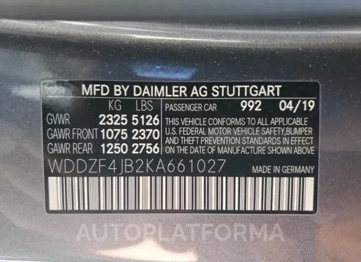 MERCEDES-BENZ E 300 2019 vin WDDZF4JB2KA661027 from auto auction Copart