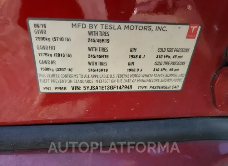 TESLA MODEL S 2016 vin 5YJSA1E13GF142948 from auto auction Copart