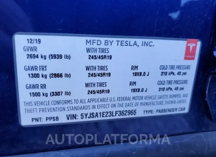 TESLA MODEL S 2020 vin 5YJSA1E23LF362965 from auto auction Copart