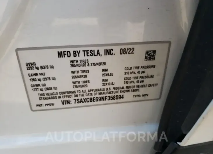 TESLA MODEL X 2022 vin 7SAXCBE69NF358594 from auto auction Copart